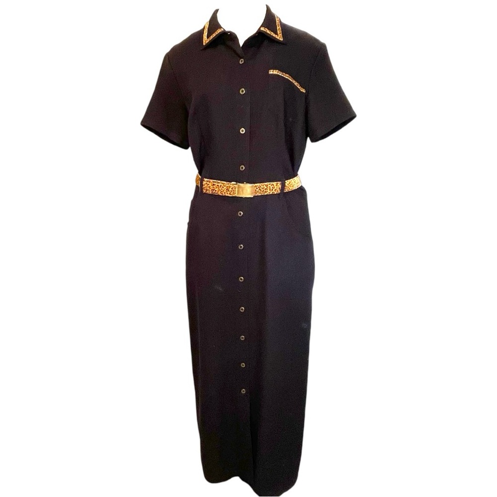 Black Shirt Dress Pockets Animal Print Belt Accents
